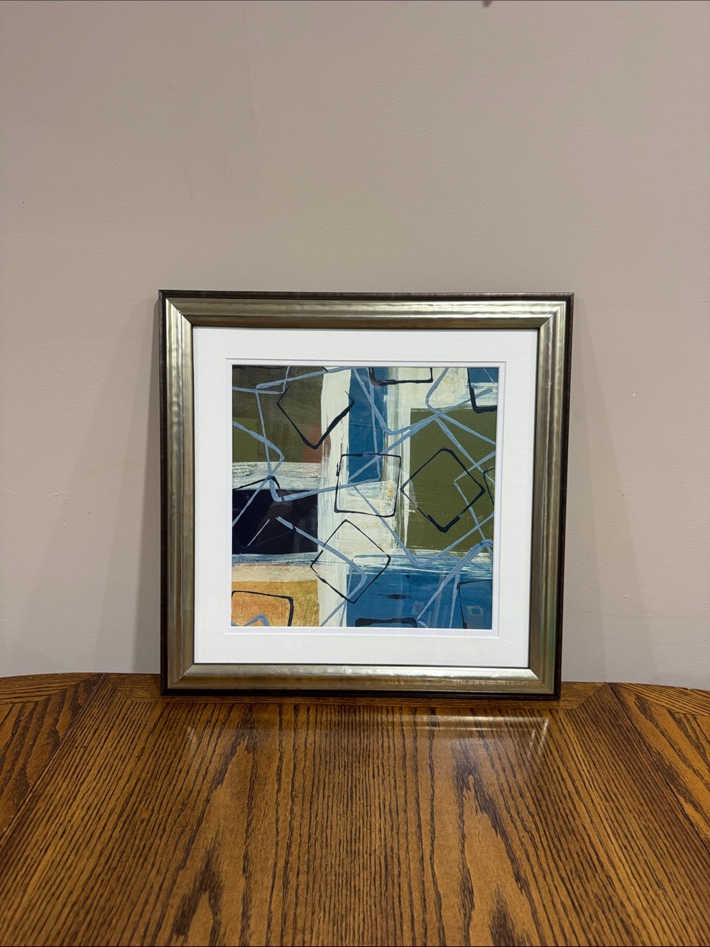 Modern Blue, Olive, Black & White Abstract Framed Wall Art double matting